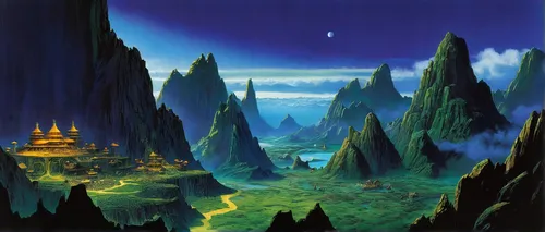 karst landscape,fantasy landscape,futuristic landscape,mountainous landscape,lunar landscape,high landscape,alien world,ancient city,fractal environment,fantasy world,valley of the moon,mountain landscape,terraforming,volcanic landscape,alien planet,an island far away landscape,mountain world,mushroom landscape,imperial shores,temples,Conceptual Art,Sci-Fi,Sci-Fi 08