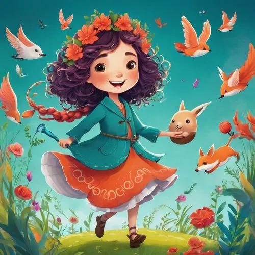 merida,girl in flowers,flower and bird illustration,flower fairy,girl picking flowers,little girl in wind,Illustration,Abstract Fantasy,Abstract Fantasy 13