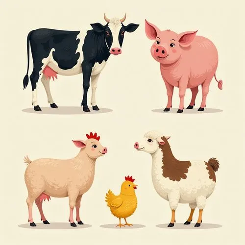 Illustrations of a black and white cow, a pink pig, a yellow chicken, a brown and white sheep, and a chick.,there are four different types of farm animals,livestock,farm animals,speciesism,animal icon