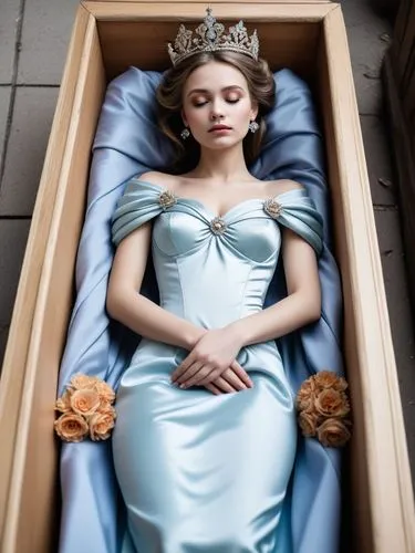 Princess of the City in an open coffin with folded hands,a model is wearing a blue dress with flowers and a tiara in a wooden box,margaery,margairaz,the sleeping rose,cinderella,the girl in the bathtu