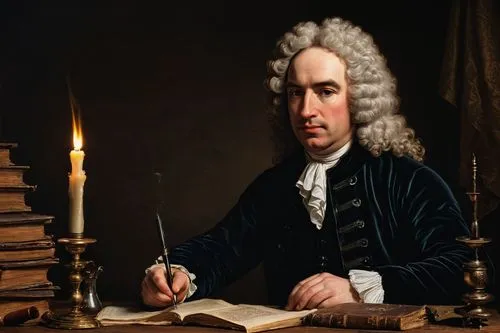 Jonathan Swift, author, 18th century, historical figure, British, writer, satirist, poet, Anglo-Irish, middle-aged man, powdered wig, white shirt, black vest, breeches, leather boots, holding quill pe