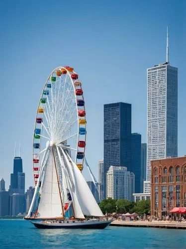 Chicago Navy Pier, architecture, Lake Michigan waterfront, summer afternoon, clear blue sky, warm sunlight, gentle lake breeze, sailboat tour, white sail, wooden dock, people walking, taking photos, s