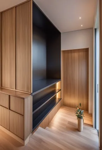 walk-in closet,dark cabinetry,room divider,cabinetry,modern room,laminated wood,japanese-style room,dark cabinets,shared apartment,interior modern design,under-cabinet lighting,cupboard,modern kitchen interior,sliding door,contemporary decor,kitchenette,kitchen design,modern decor,wooden sauna,wooden wall,Photography,General,Realistic