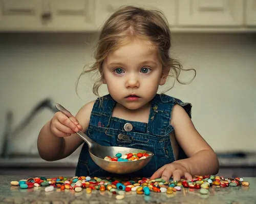 A curious child discovers a spoon filled with colorful pills on the kitchen counter.,girl with cereal bowl,girl in the kitchen,baby playing with food,diabetes with toddler,conceptual photography,food 