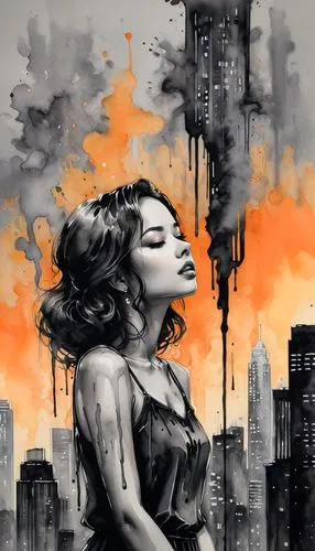 rone,city in flames,world digital painting,apocalyptic,dystopian,jasinski,Illustration,Black and White,Black and White 34