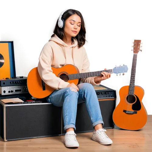 Lofi music, no copyright, girl, headphones, closed eyes, relaxed face, soft smile, casual wear, oversized hoodie, ripped jeans, sneakers, sitting on floor, crossed legs, acoustic guitar, vinyl records