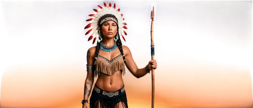 Native American Indian, traditional headdress, feathers, braids, strong facial features, dark skin, tattooed arms, chest muscles, buckskin clothing, fringed pants, moccasins, holding a spear, standing