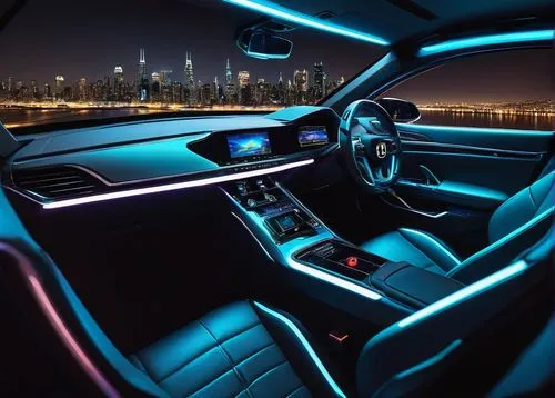 Luxurious dc interior, modern futuristic theme, metallic materials, neon lights, sleek lines, high-tech gadgets, leather seats, dashboard with holographic display, steering wheel with built-in control