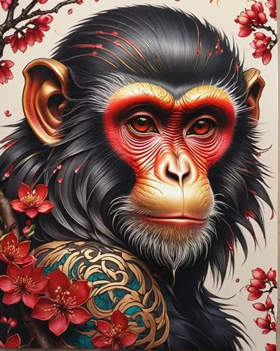 chinese art,japanese art,oriental painting,chimpanzee,bonobo,barbary monkey,primate,chimp,primates,monkey,common chimpanzee,monkey family,capuchin,anthropomorphized animals,tufted capuchin,japan macaque,macaque,siamang,the monkey,marmoset,Conceptual Art,Fantasy,Fantasy 03