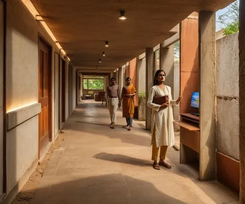 a man in sari standing between two people,auroville,amanresorts,guruvayur,shantiniketan,corridor,anantara,Photography,General,Realistic