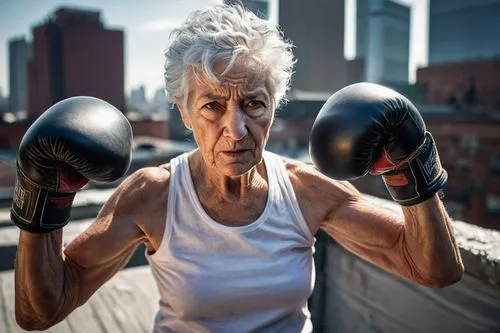 Elderly woman, boxing gloves, worn jeans, white tank top, silver hair, wrinkles, determined facial expression, intense eyes, senior citizen, urban rooftop, cityscape in the background, morning sunligh