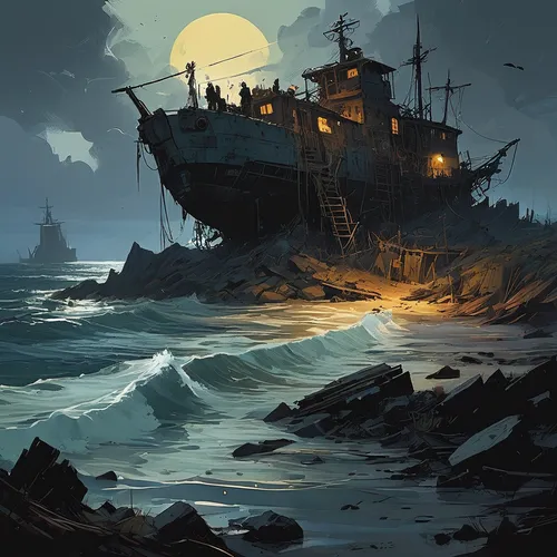 pirate ship,ghost ship,shipwreck,ship wreck,galleon ship,galleon,sea fantasy,the wreck of the ship,sunken ship,pirate treasure,old ship,sea sailing ship,old ships,sail ship,caravel,fantasy picture,boat wreck,fantasy art,sailing ship,fantasy landscape,Conceptual Art,Sci-Fi,Sci-Fi 01