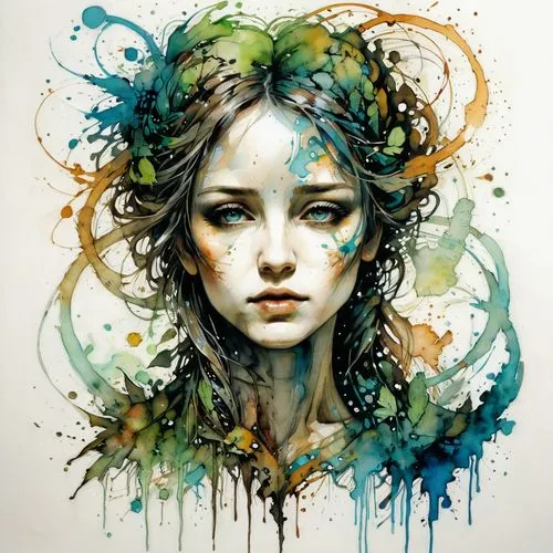 kommuna,seelie,watercolor paint strokes,boho art,pacitti,dryad,Illustration,Paper based,Paper Based 13