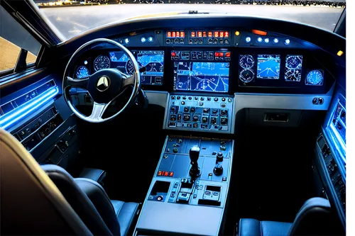 spaceship, futuristic, metallic surface, cockpit windshield, pilot seat, control panel, flashing buttons, joystick, navigation screens, stars in background, 3/4 composition, shallow depth of field, ne