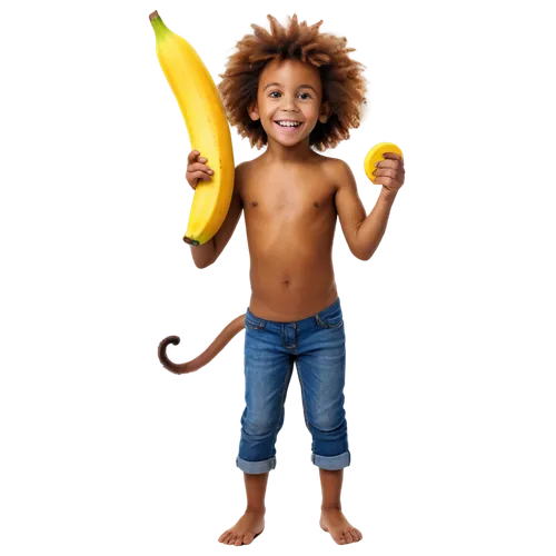 Monkey, Afro hairstyle, solo, (5yo), cute detailed eyes, smiling face, brown skin, colorful fur, lively pose, holding a banana, standing on hind legs, cartoonish, vibrant colors, soft focus, 3/4 compo