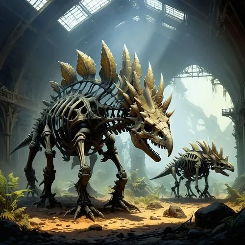 stegosaurus,ankylosaurs,uintatherium,dinosaur skeleton,ankylosaurus,dinosauria,Conceptual Art,Fantasy,Fantasy 11