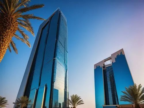 Modern futuristic skyscraper, Saudi Arabia, Riyadh cityscape, luxurious high-rise building, sleek glass façade, metallic frames, angular lines, LED light strips, rooftop pool, palm trees, desert lands