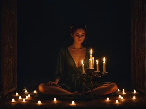 fairies,woman sitting in a dimly lit room surrounded by candles,candlelit,meditator,candlelights,krathong,candlelight,meditation,divali,offering,candle light,kundalini,enchantress,janmastami,padmasana