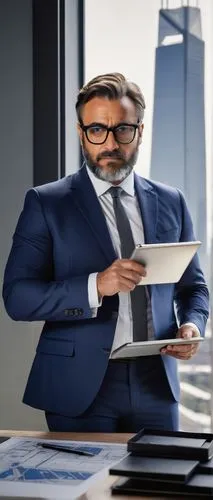 Middle-aged, male designer manager, standing, confident pose, black framed glasses, short brown hair, trimmed beard, white dress shirt, dark blue suit, silver tie clip, black leather belt, black oxfor