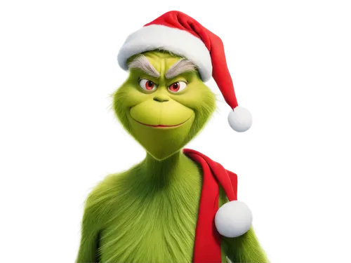 The Grinch, Christmas character, green skin, furry texture, Santa hat, red scarf, bag of gifts, festive atmosphere, winter background, snowy mountain, Whoville village, 3/4 composition, warm lighting,