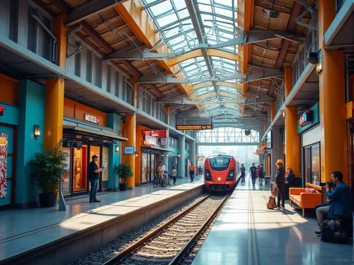 Vibrant train station, modern architecture, bold color scheme, bright signage, neon lights, dynamic patterns, urban landscape, bustling atmosphere, morning commute, natural stone floors, steel beams, 