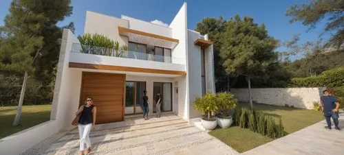 DISEÑO EXTERIOR DE CASA ESTILO MINIMALISTA, CON MUROS DE MARMOL TRAVERTINO, MUROS COLOR BLANCO, COLOR GRIS Y EL USO DE MADERA EN DETALLES Y PUERTA DEL ACCESO , PLANO CINEMATOGRAFICO, CORRECCION DE ERR