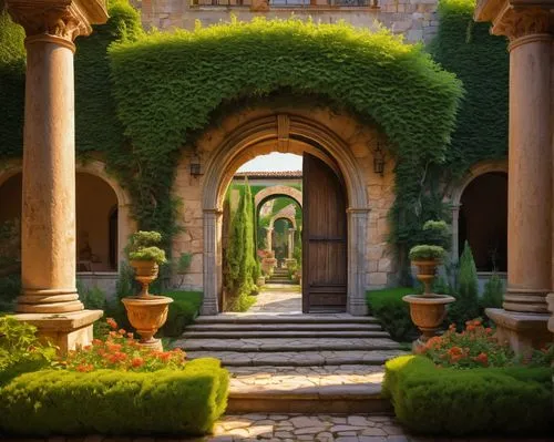 Ancient Italian villa, ornate stone facade, grand entrance with columns, arched windows, terracotta roof tiles, lush greenery surrounding, cypress trees, blooming flowers in garden beds, tranquil foun