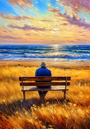 a man standing in front of a painting with many colored shapes,man on a bench,bench by the sea,man at the sea,bench,oil painting on canvas,world digital painting