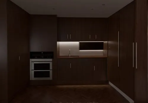 Make a Kitchen rendering according tonthe référence image using The same layout .black cabinetry with Walnut wood pantry on The right wall next to thé refrigerator ,dark cabinetry,dark cabinets,kitche