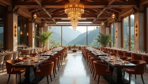 Regionalism style dining hall, grand chandelier, transparent glass droplets, ornate metal frames, wooden tables, velvet upholstery chairs, luxurious ambiance, warm lighting, marble floors, stone walls