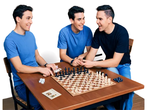 Indoor game scene, wooden table, board games scattered, chess pieces, cards, dice, game controllers, happy friends, laughing, leaning forward, casual wear, t-shirts, jeans, sneakers, warm lighting, co