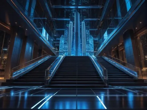 Futuristic computer, sleek metallic body, glowing blue LED lights, intricate circuit board details, modern architecture, skyscraper, cityscape, nighttime, neon lights reflecting off glass windows, tow