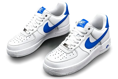 Air Force One sneakers, white and blue color scheme, detailed lace holes, chunky sole, metallic eyelets, tongue logo, suede upper material, soft rubber outsole, low-top design, casual wear, slight cre