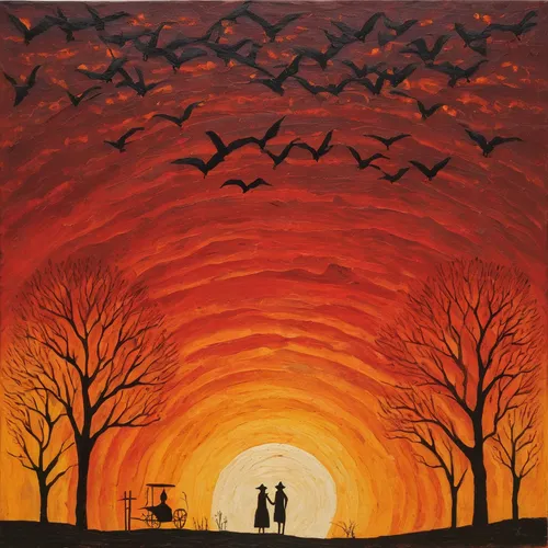 Picture a fiery sunset painted with a red hex code.,halloween silhouettes,halloween scene,murder of crows,halloween bare trees,halloween owls,crows,night scene,celebration of witches,pipistrelles,hall