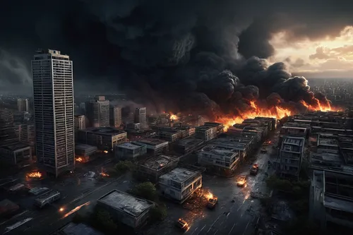 cityscape, metropolis, skyscrapers, natural disasters, earthquake, tornado, tsunami, flood, fire, destruction, chaos, emergency vehicles, rescue operations, panicked citizens, collapsed buildings, deb