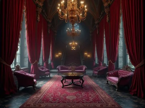 Gothic hotel lobby, luxurious velvet drapes, heavy crimson red curtains with gold tassels, intricate lace tablecloths, ornate carved wooden furniture, mysterious dim lighting, grand chandelier, rich e