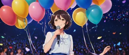 Rukia, official art, girl, idol, J-pop, sparkling eyes, bright smile, curly brown hair, ribbon hair tie, white blouse, blue skirt, socks, sneakers, microphone, stage, concert hall, spotlight, audience