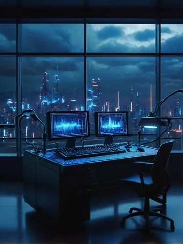 Slow-motion scene, futuristic laboratory interior, sound wave visualization, 3D light waves, neon-lit tubes, glowing blue circuit boards, sleek metal machinery, holographic displays, distant cityscape