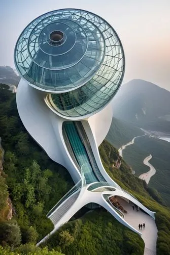 top view of an architectural masterpiece inspired by the elegant and organic form of a snail. The building should be perched on a majestic cliff, offering panoramic views of the ocean. The design shou