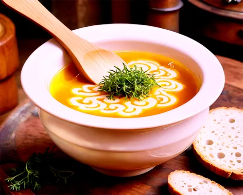 Steaming hot soup, ceramic bowl, white interior, savory aroma, swirl pattern on surface, golden brown crusty bread, melted cheese, green herbs, wooden spoon, rustic table setting, warm lighting, close