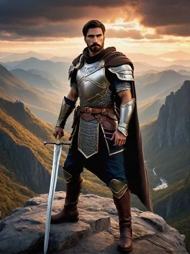 Warrior, male, muscular, Parn, Lodoss War, ancient armor, sword, shield, determined facial expression, scar above eyebrow, short brown hair, beard, mustache, worn leather boots, chainmail, silver broo