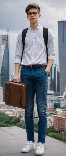 Modern student, architecture major, solo, (20yo), short brown hair, black glasses, casual wear, white shirt, dark jeans, sneakers, backpack, holding a large portfolio case, standing in front of a city