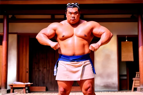 Sumo wrestler, muscular man, topknot hairstyle, loincloth, apron, thick arms, strong legs, dynamic pose, fists clenched, intense facial expression, sweat dripping, dramatic lighting, low-angle shot, 3