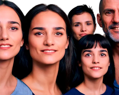 Close-up, multiple unnerving faces, various skin tones, different ages, genders, facial structures, pale complexions, dark circles under eyes, thin eyebrows, crooked noses, imperfect teeth, subtle smi