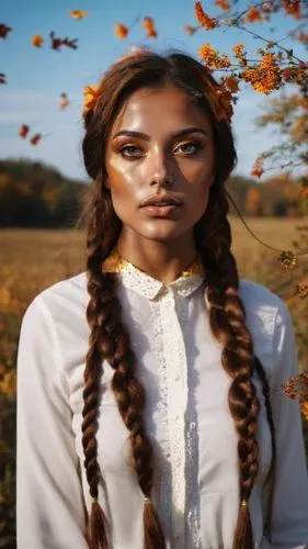 otoño lleno de flores en el aire revoloteando con el viento, el viento juega con su cabello trenzando sueños de libertad,a  in a white blouse with two ids,autumn background,autumn theme,autumn frame,a