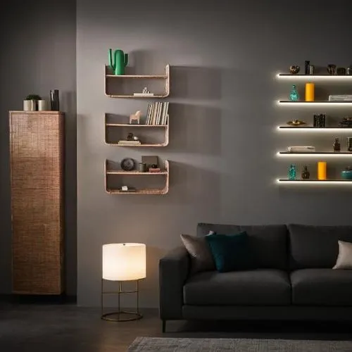 a living room has shelves and a couch,foscarini,minotti,anastassiades,danish furniture,wooden shelf,cassina