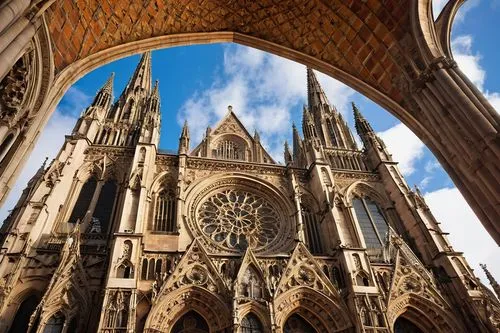 Famous Romanesque architecture, grand cathedral, ornate stone carvings, stained glass windows, towering spires, intricate arches, ribbed vaults, massive pillars, Gothic details, old European city, clo