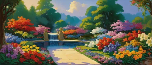 fairy village,fantasia,fairy world,flower garden,fantasy landscape,fairy forest,oasis,garden of eden,forest landscape,flora,landscape background,home landscape,cartoon forest,fountain pond,garden of the fountain,springtime background,gardens,nature landscape,garden of plants,brook landscape,Illustration,Retro,Retro 02