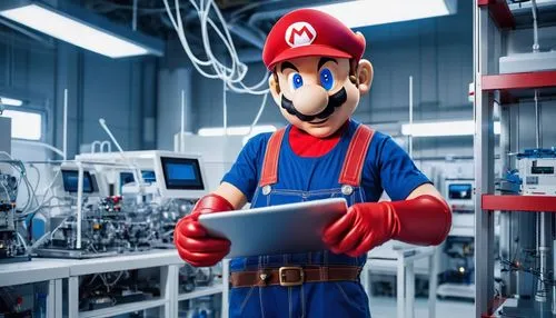 Mario, AI robot, futuristic, shiny metal body, blue overalls, red hat, mustache, gloved hands, holding a tablet, standing in a modern laboratory, high-tech machinery, wires and circuits, bright white 