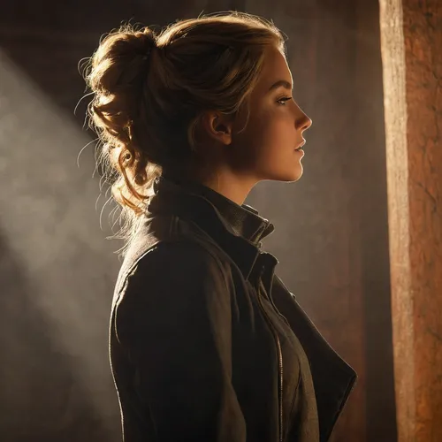 katniss,insurgent,divergent,leather jacket,clary,clove,half profile,scene lighting,semi-profile,captain marvel,trench coat,black coat,greer the angel,female hollywood actress,newt,joan of arc,femme fatale,golden light,ponytail,head woman,Photography,Artistic Photography,Artistic Photography 15